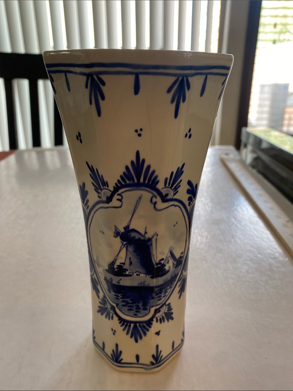 Vintage Delft Blue Hand Painted Windmill Vase Holland 8” Signed